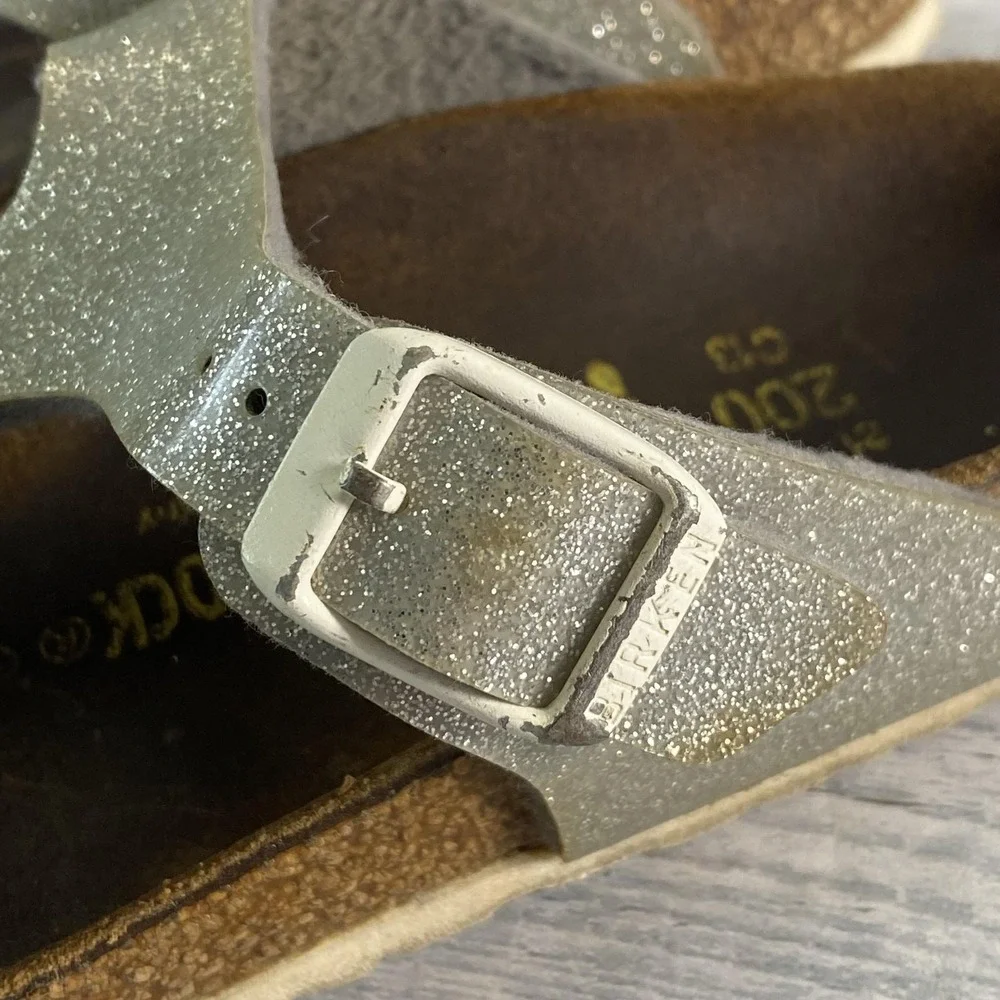Birkenstock Sandals Girls 13 Silver Gizeh Glitter Thong Flip Flop Buckle Strappy
